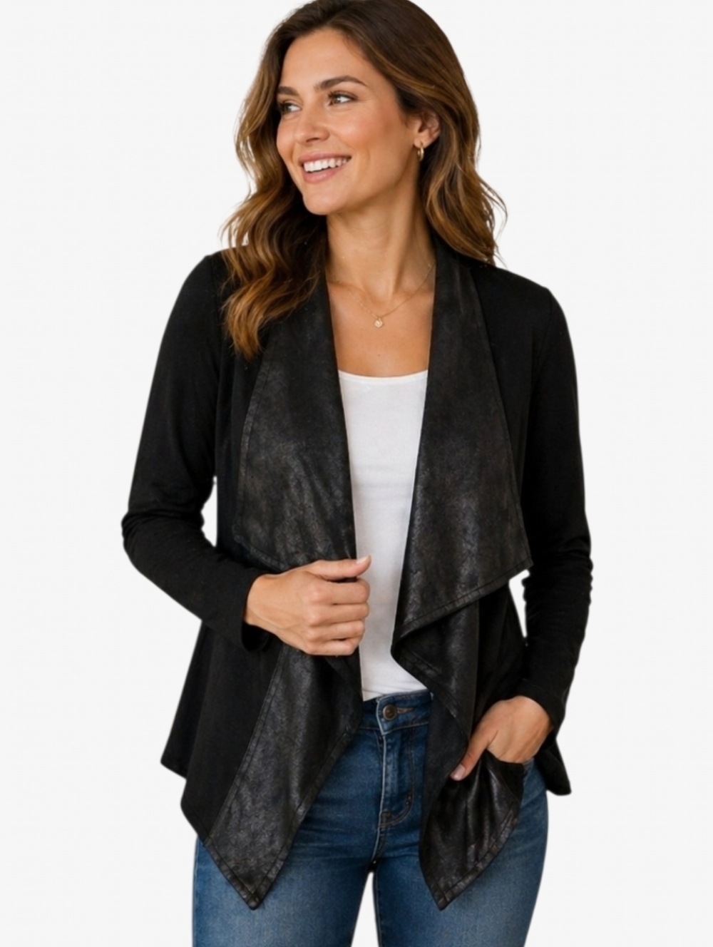 CAbi Moto Cardigan Jacket Womens XS Black Faux Leather Drape Open Front